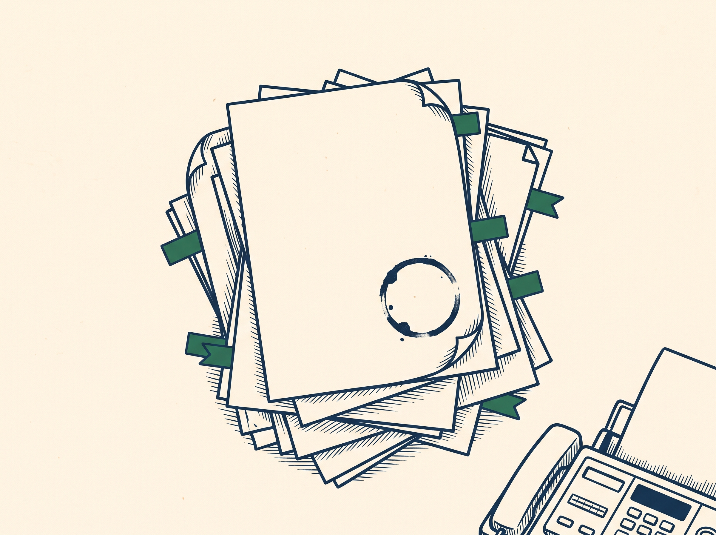 A cluttered desk covered in half-filled intake paperwork and sticky-note flags