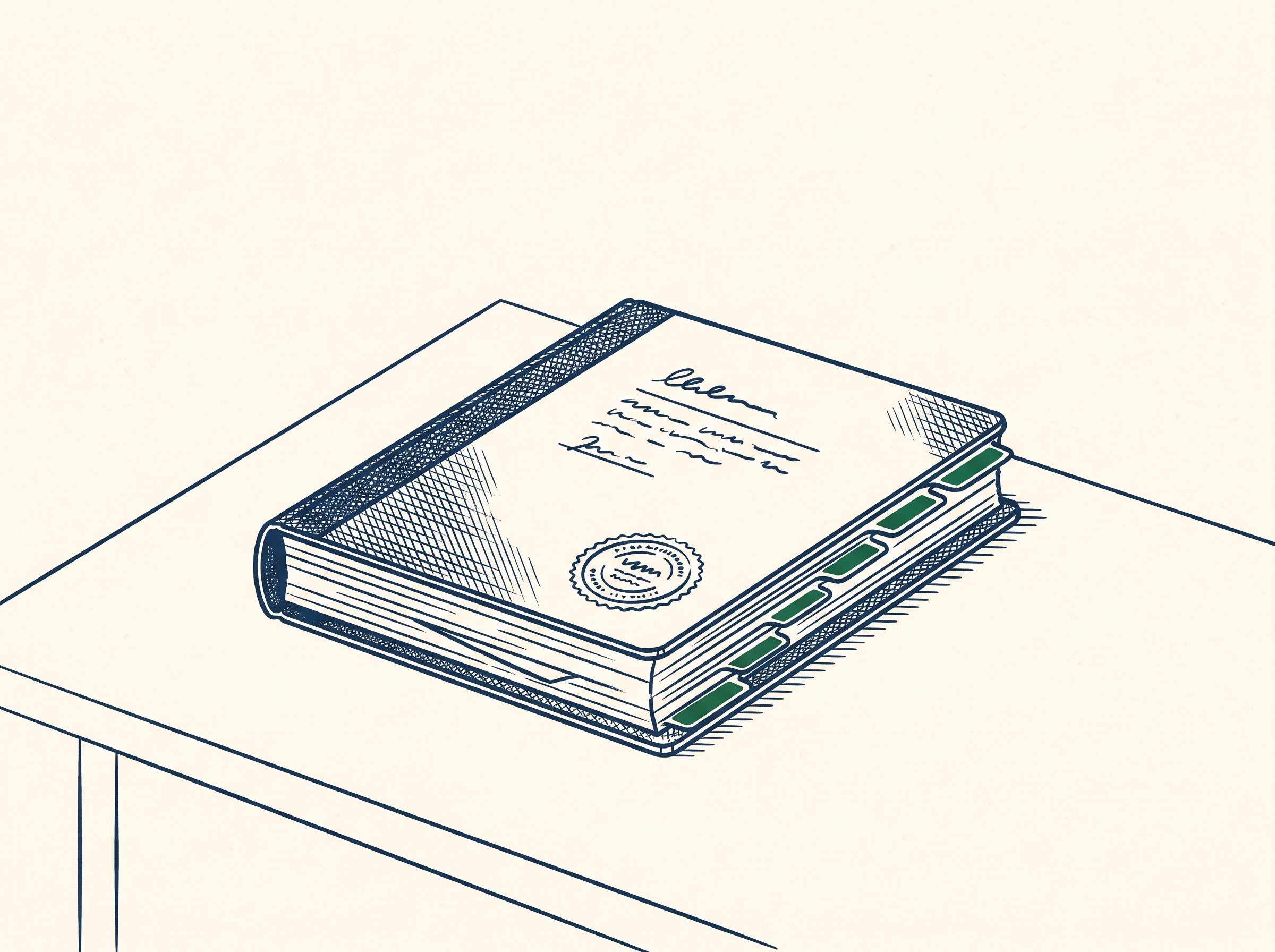 A finished, tabbed case file squared neatly on a clean desk with an embossed seal